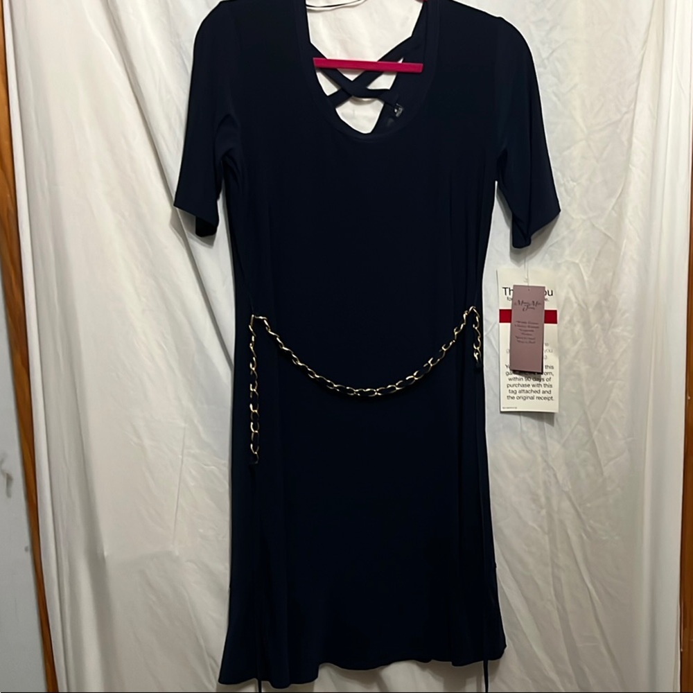 Nina Leonard Navy Sheath Stretchy Dress Short Sleeve Crew Neck w/Gold Be…